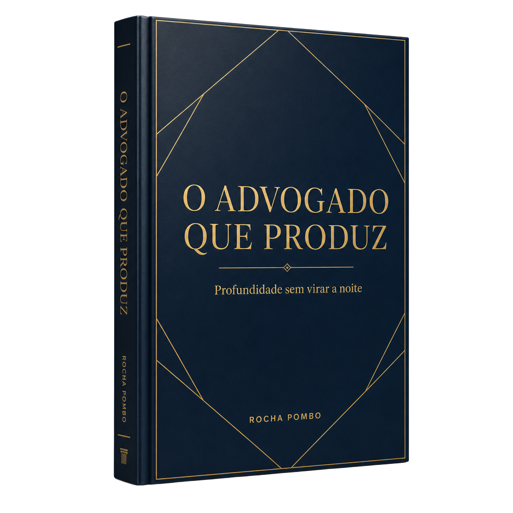 Mockup do livro digital O Advogado Que Produz, capa azul-marinho com detalhes dourados